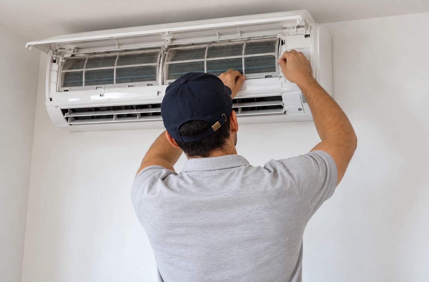 Technicien qui entretient une thermopompe murale